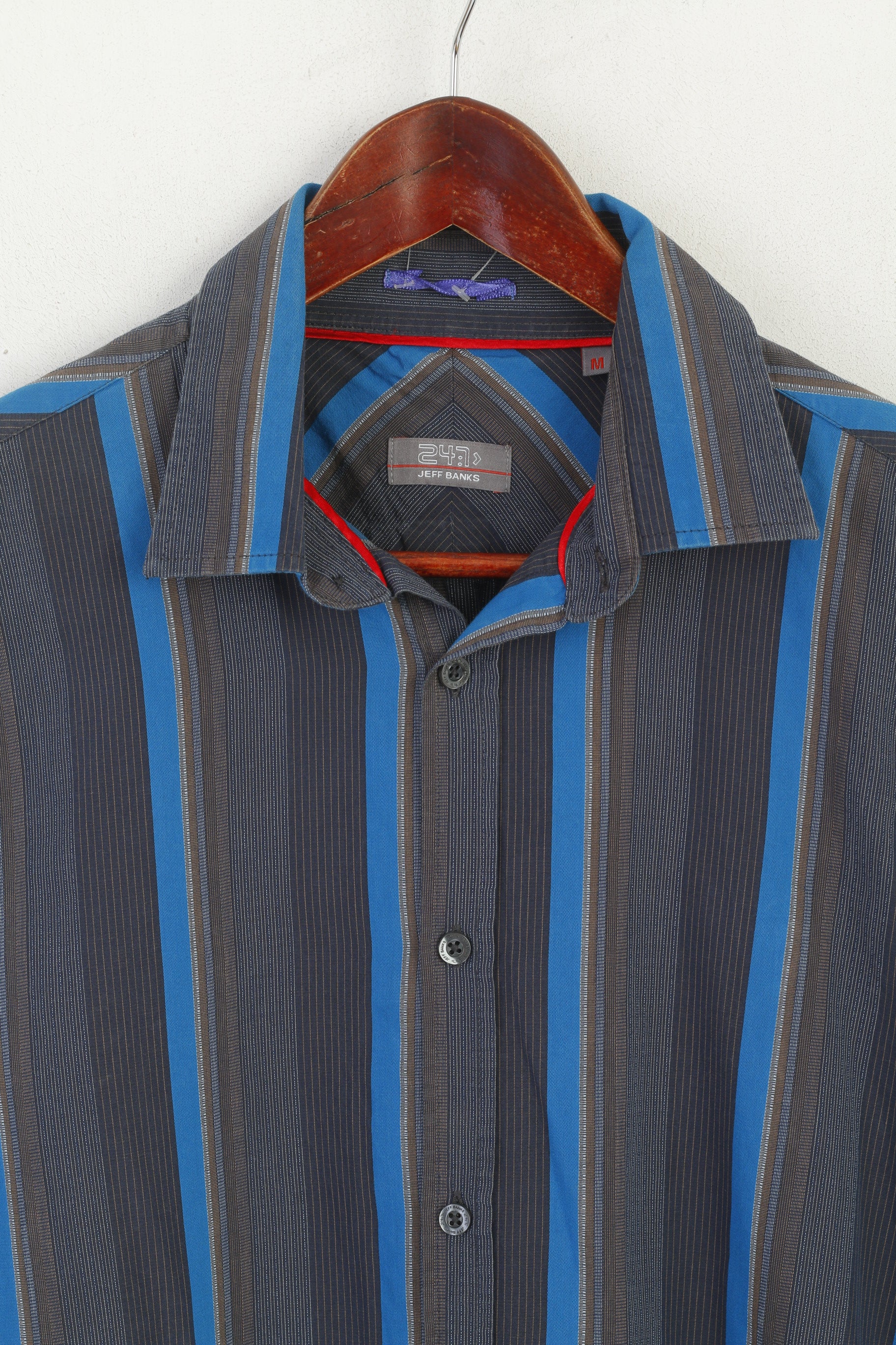 Jeff Banks 24:7 Men M Casual Shirt Blue Brown Cotton Striped Long