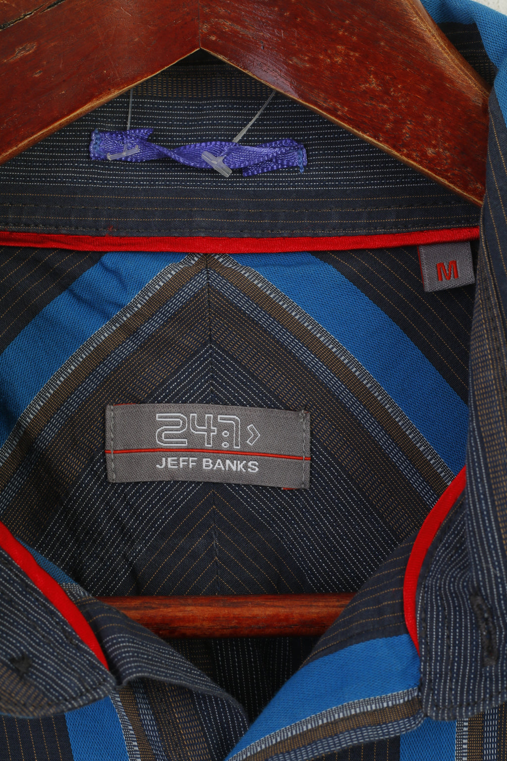 Jeff Banks 24:7 Men M Casual Shirt Blue Brown Cotton Striped Long Sleeve Top
