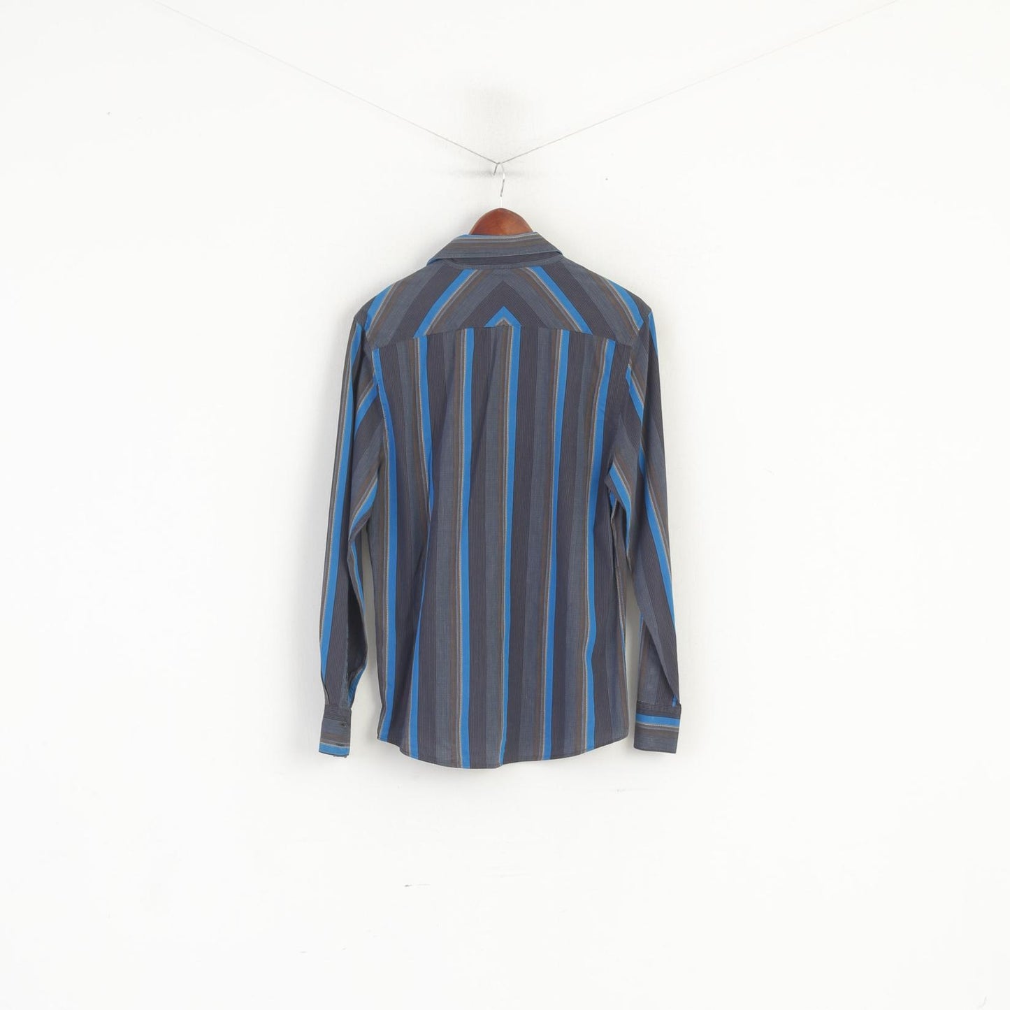 Jeff Banks 24:7 Men M Casual Shirt Blue Brown Cotton Striped Long Sleeve Top