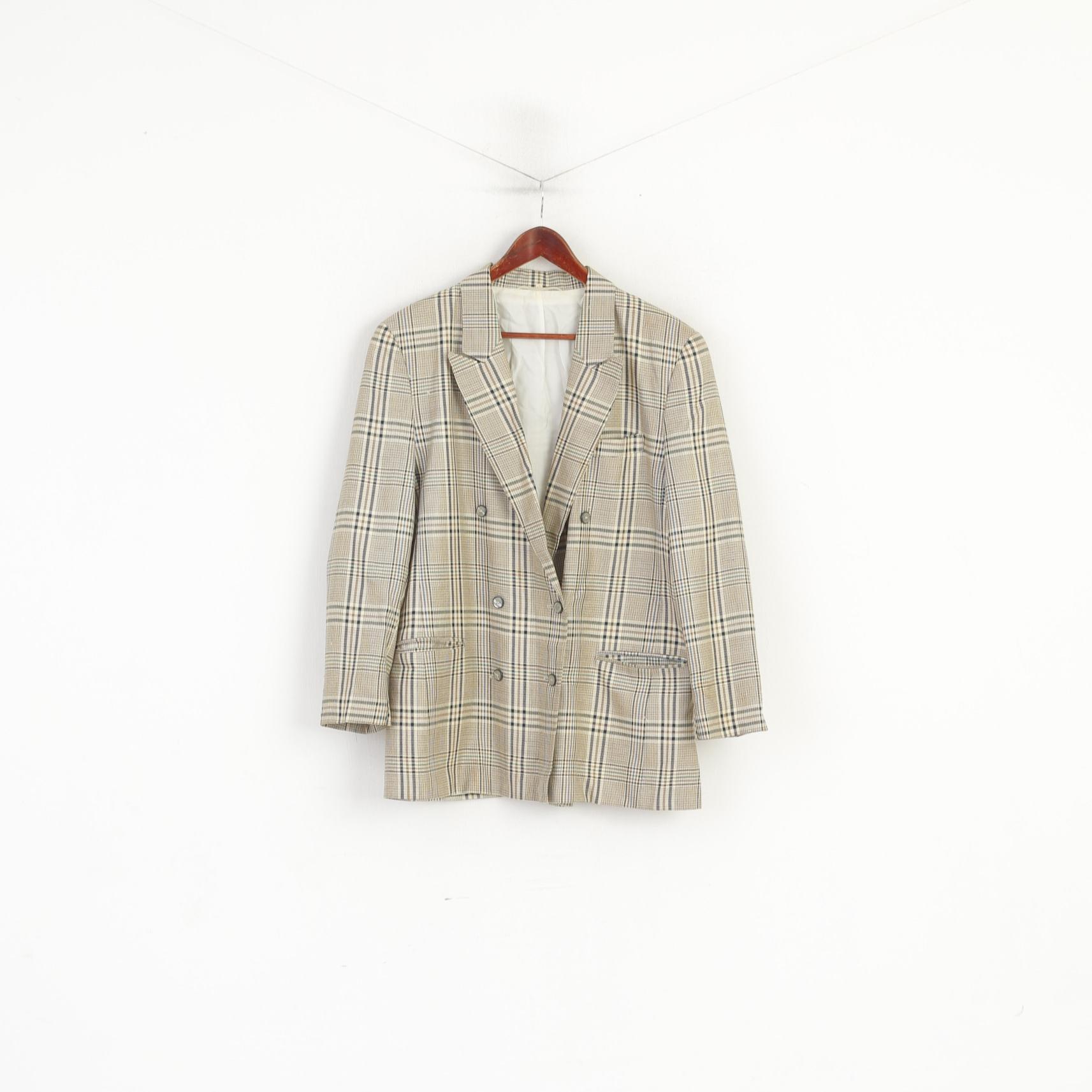 Sebastiano Donna 42 XL Blazer Giacca vintage doppiopetto a quadri in lana beige
