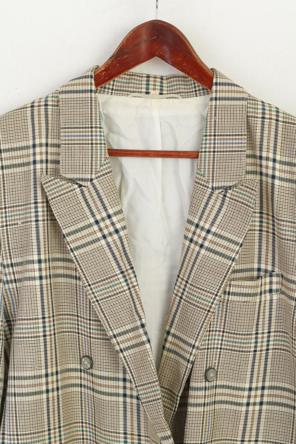 Sebastiano Donna 42 XL Blazer Giacca vintage doppiopetto a quadri in lana beige