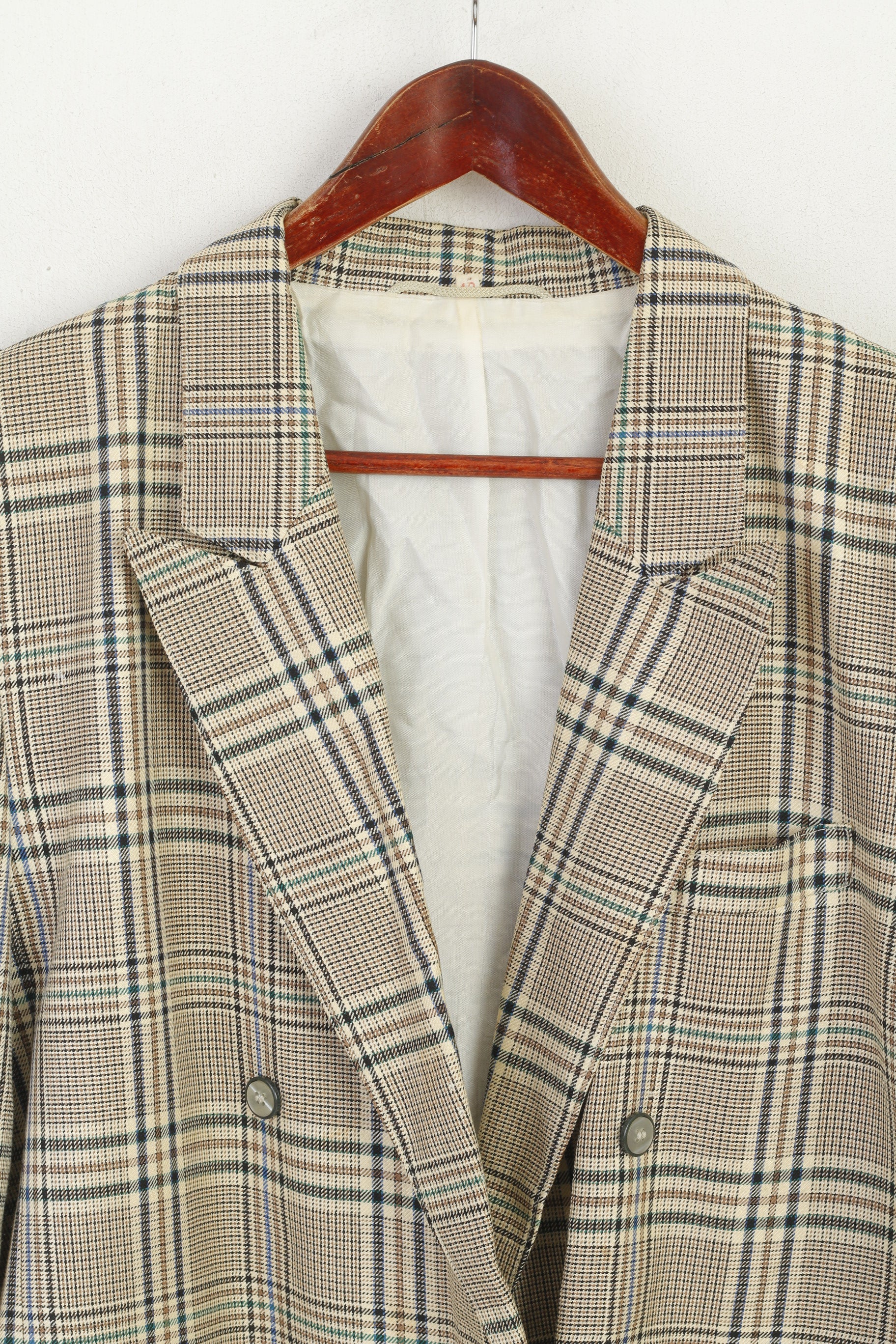 Sebastiano Donna 42 XL Blazer Giacca vintage doppiopetto a quadri in lana beige