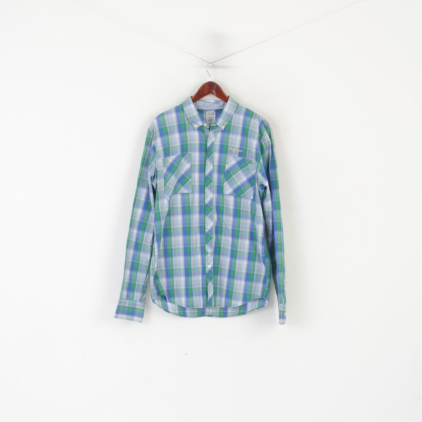 Hilfiger Denim Men XL (L) Casual Shirt Blue Cotton Checkered Button Down Collar Top