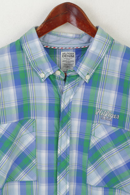 Hilfiger Denim Men XL (L) Casual Shirt Blue Cotton Checkered Button Down Collar Top