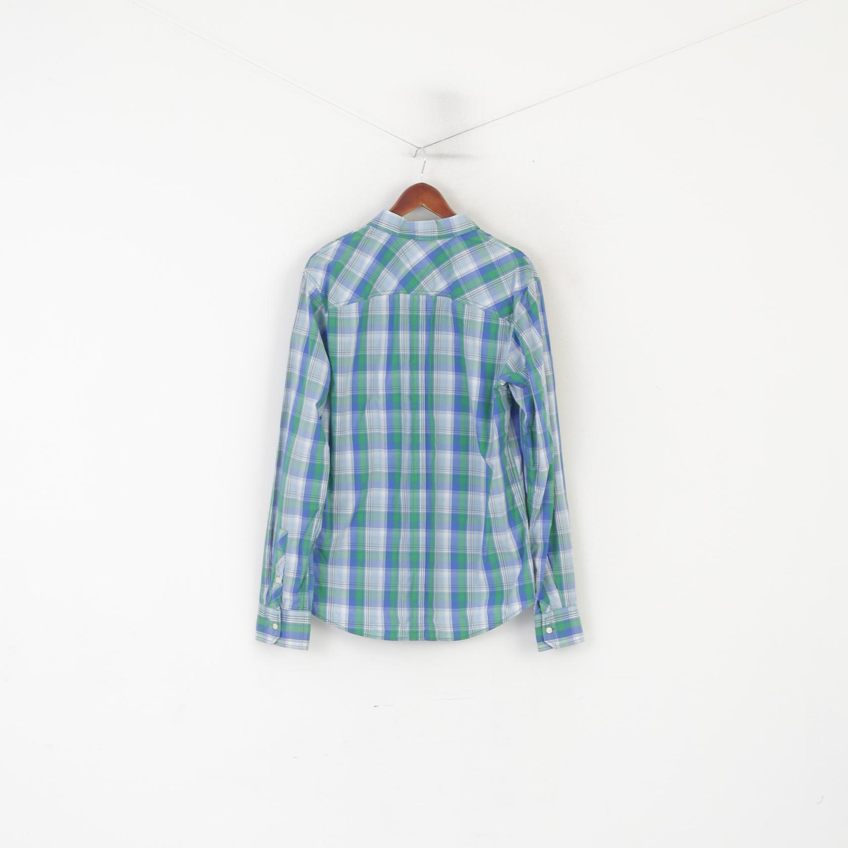 Hilfiger Denim Men XL (L) Casual Shirt Blue Cotton Checkered Button Down Collar Top
