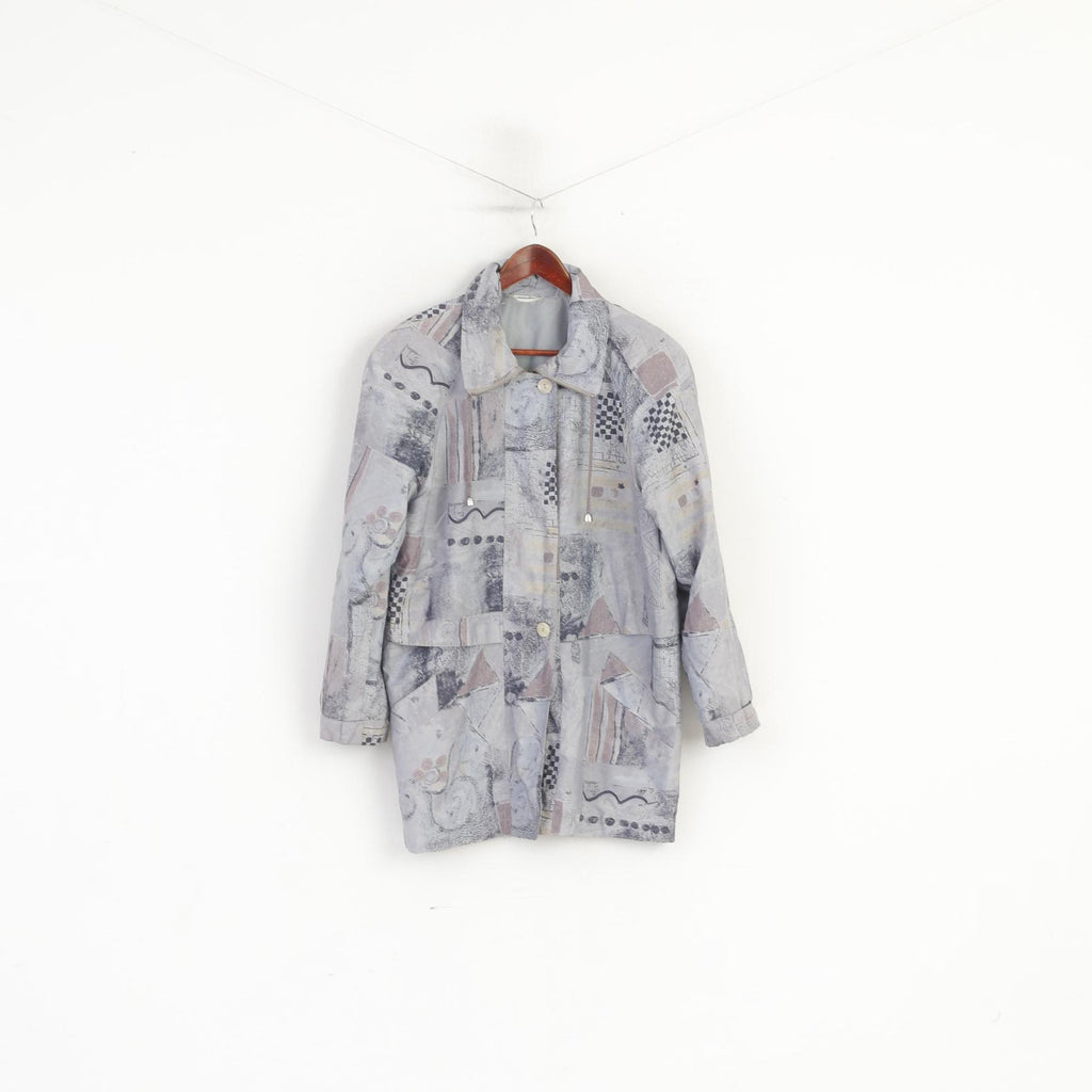 Giacca vintage da donna L. Top con spalline e maniche raglan con cerniera intera astratta grigia