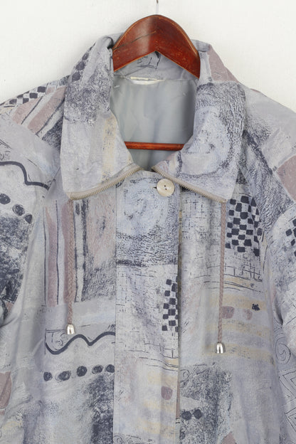 Vintage Women L Jacket Grey Abstract Full Zipper Raglan Sleeve Shoulder Pads Top