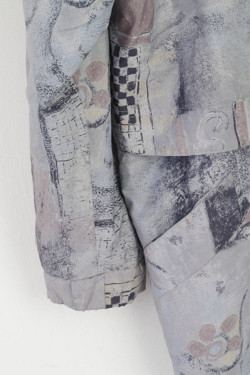 Giacca vintage da donna L. Top con spalline e maniche raglan con cerniera intera astratta grigia