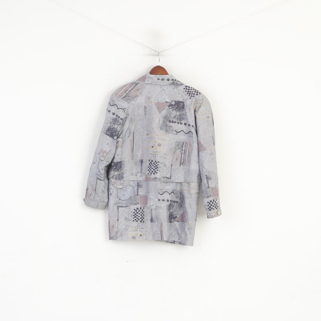 Giacca vintage da donna L. Top con spalline e maniche raglan con cerniera intera astratta grigia