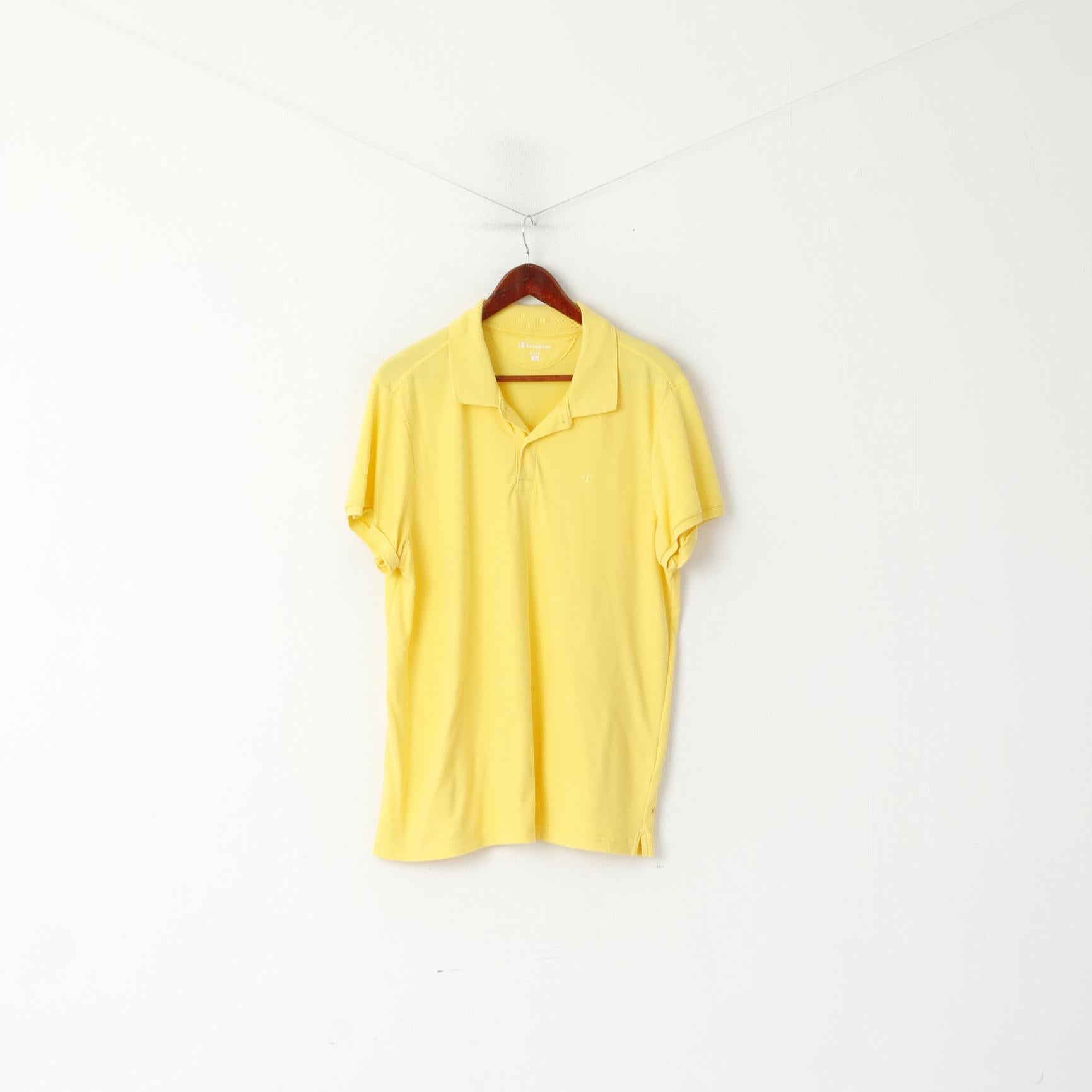 Champion Men XL Polo Shirt Yellow Cotton Detailed Buttons Stretch Plain Sport Top