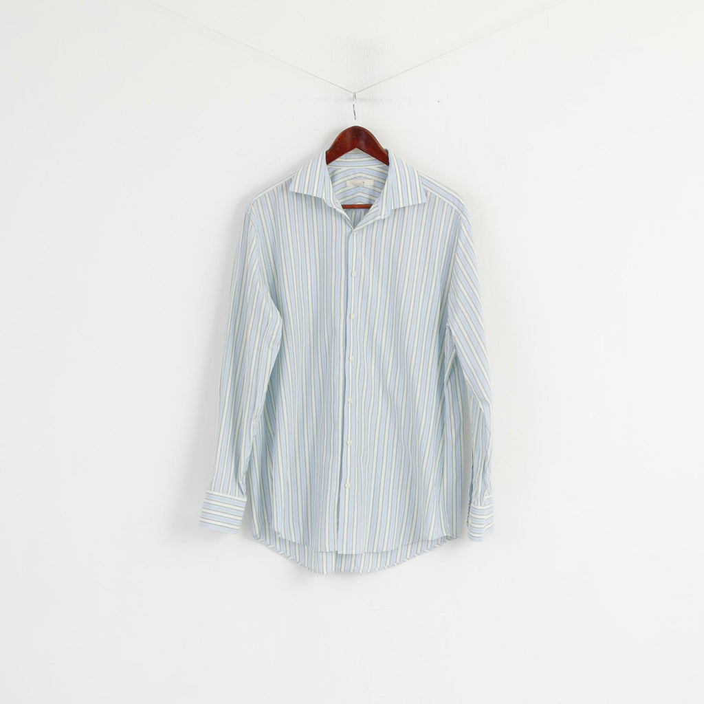 Merona Men L Casual Shirt Blue Striped Cotton Long Sleeve Elegant Top