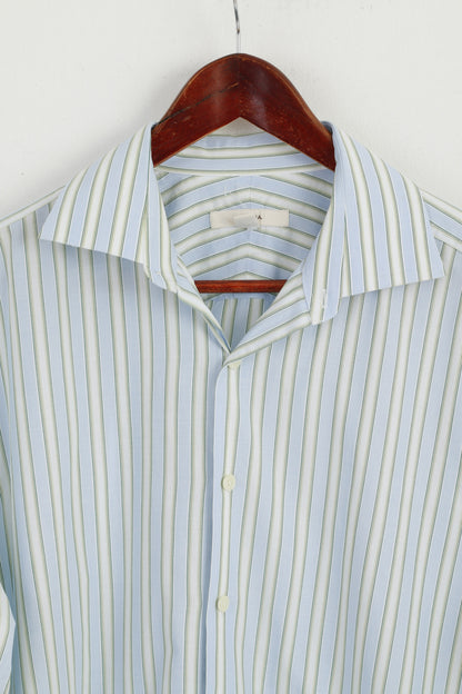 Merona Men L Casual Shirt Blue Striped Cotton Long Sleeve Elegant Top