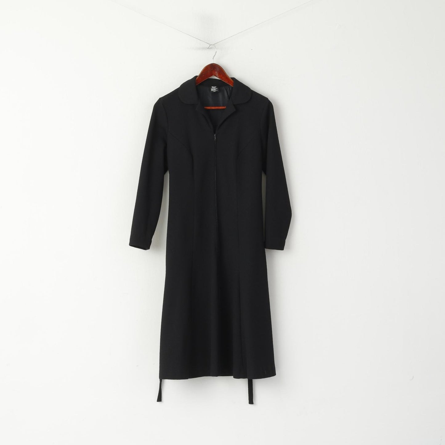 C&amp;A Robe mi-longue noire avec ceinture, manches longues, demi-fermeture éclair, classique rétro pour femme