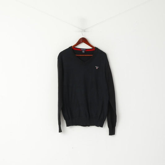 Gant Mens 2XL (L) Jumper Black 100% Cotton Light V Neck Sweater