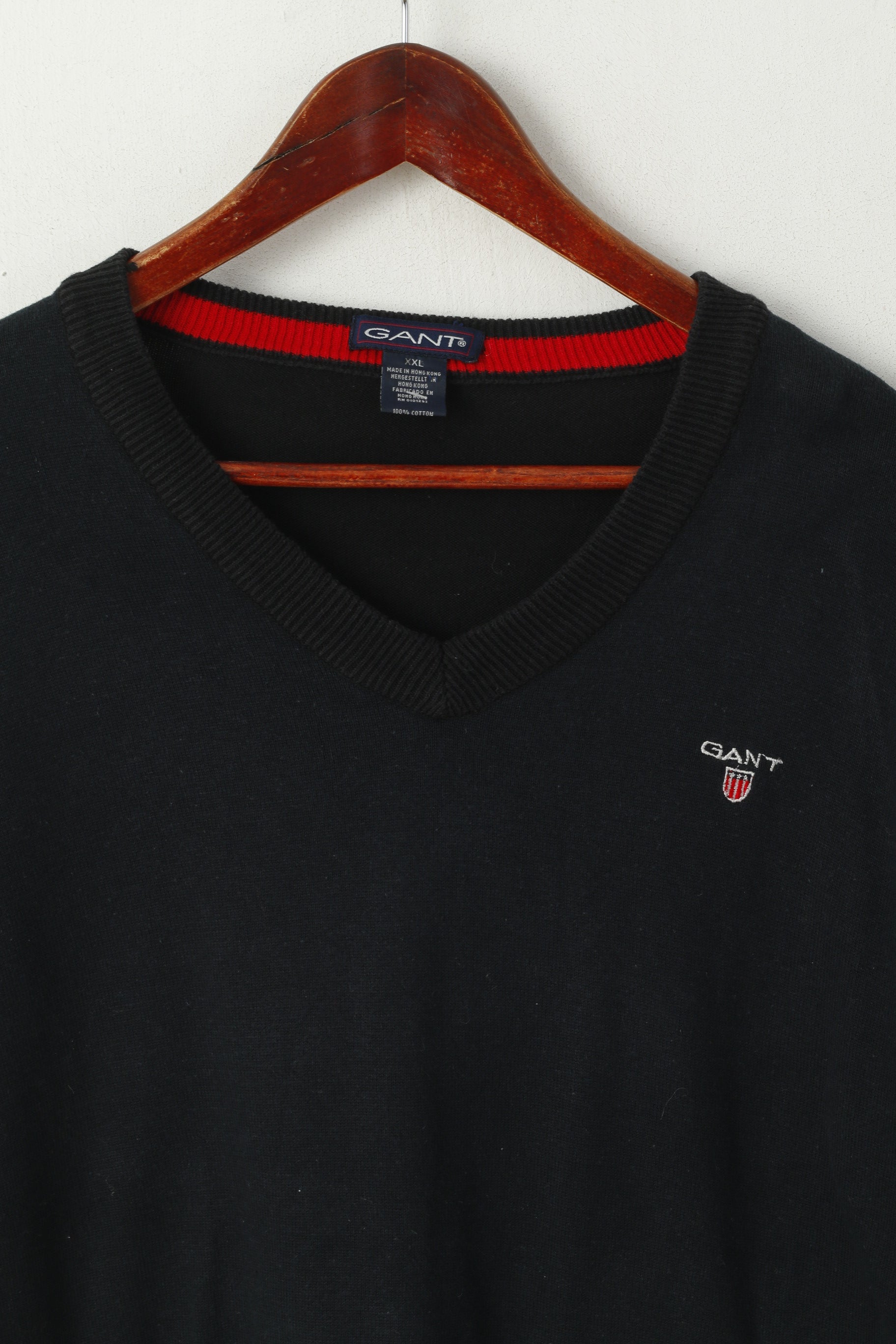 Gant Pull Homme 2XL (L) Noir 100% Coton Pull Col V Léger 