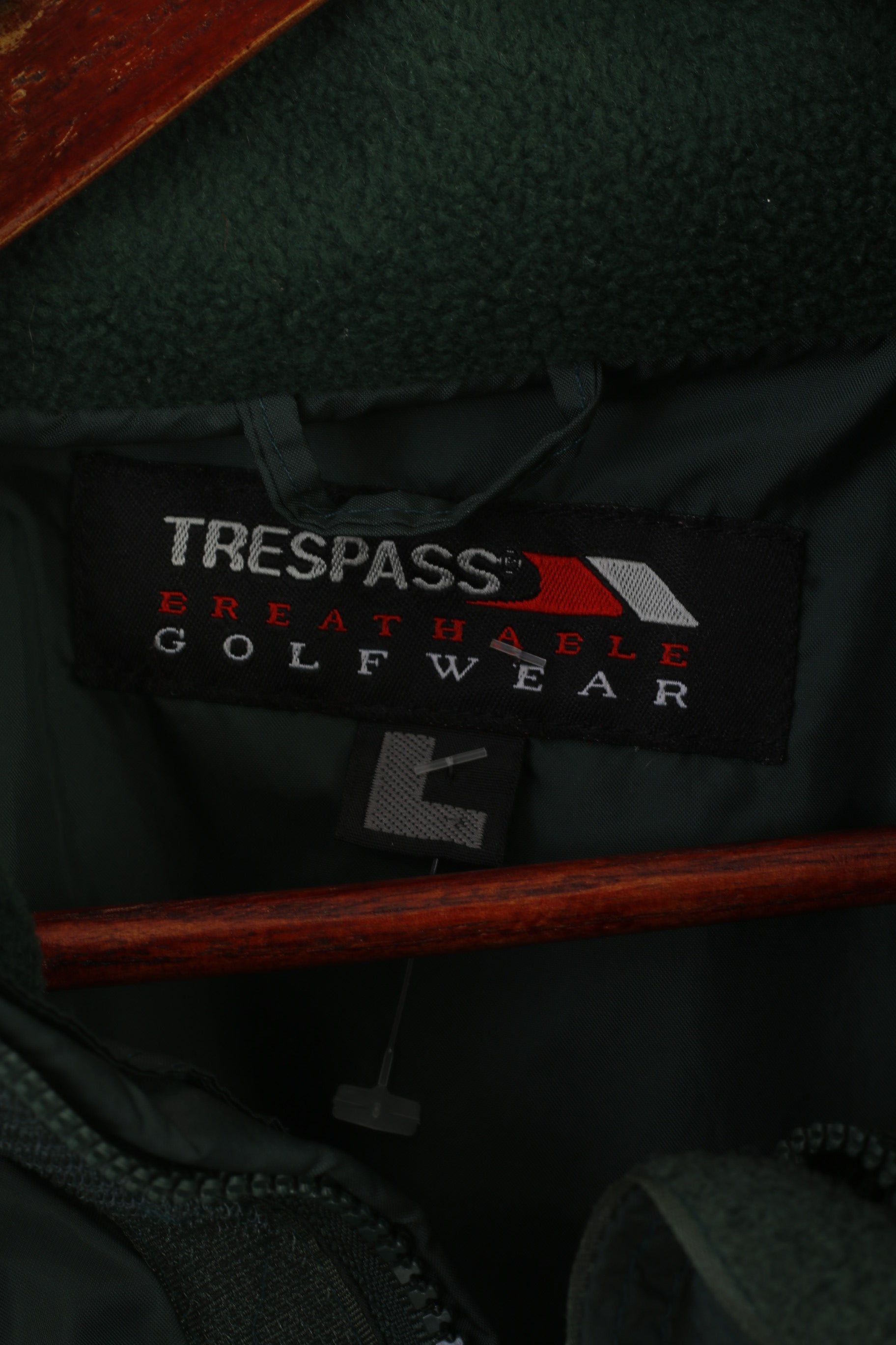 Trespass Abbigliamento da golf traspirante Giacca da uomo L Giacca verde in nylon impermeabile con cappuccio nascosto