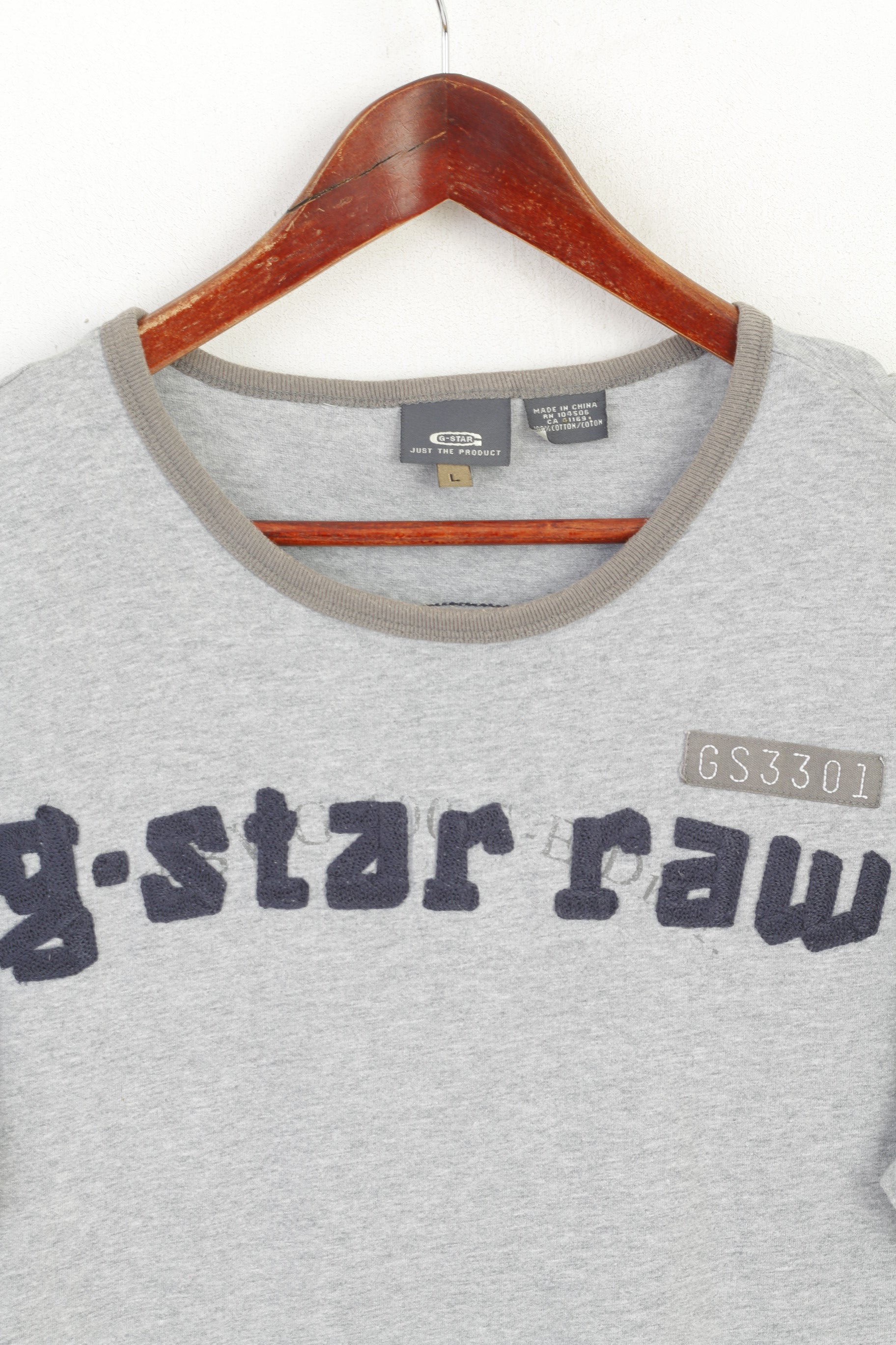 G-Star Raw Men L Shirt Gris Coton Graphique Emroidered Crew Neck Classic Top
