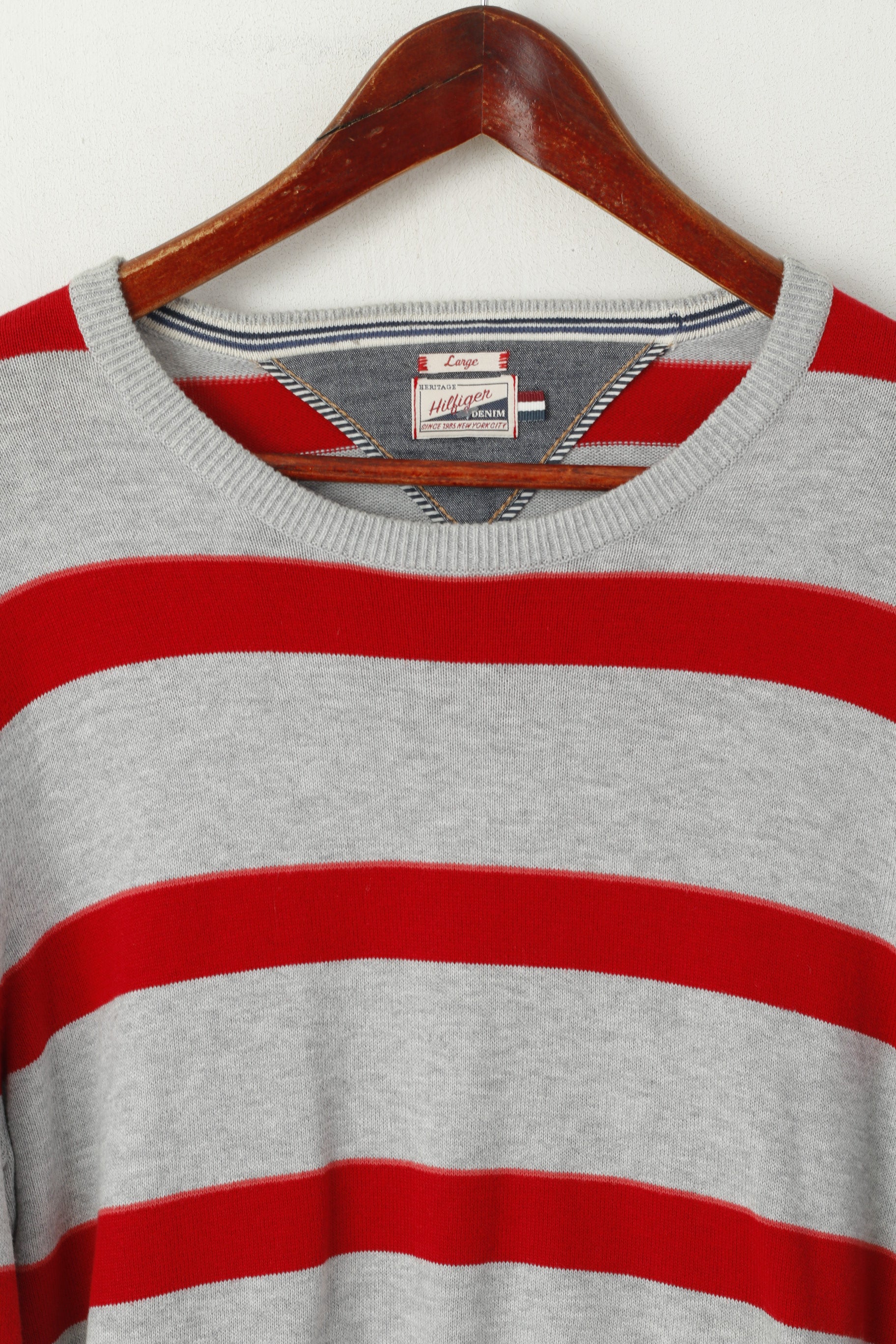 Hilfiger Denim Men L (M) Jumper Grey Red Cotton Striped Crew Neck Sweater