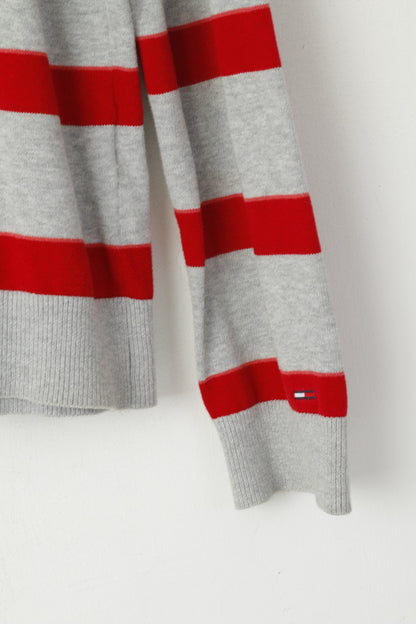 Hilfiger Denim Men L (M) Jumper Grey Red Cotton Striped Crew Neck Sweater