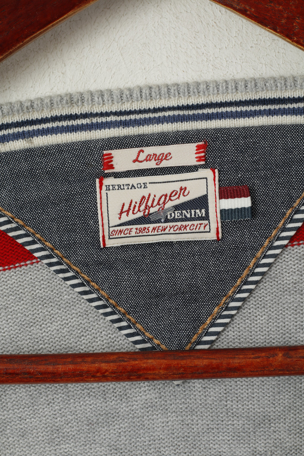 Hilfiger Denim Men L (M) Jumper Grey Red Cotton Striped Crew Neck Sweater