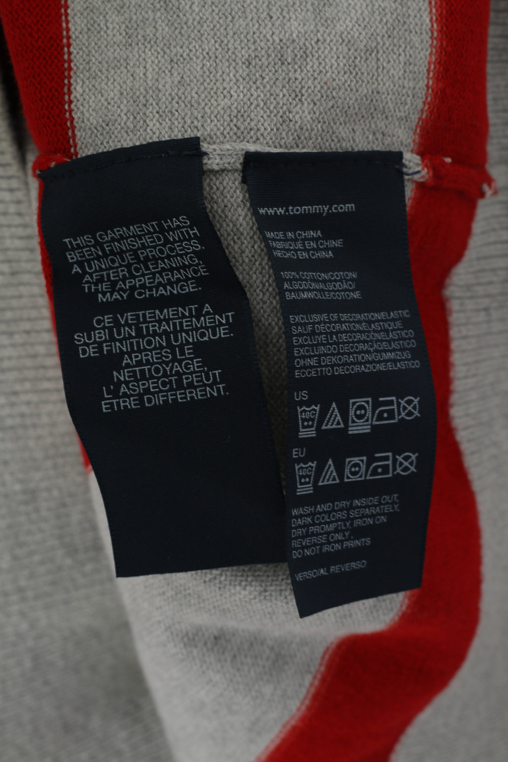 Hilfiger Denim Men L (M) Jumper Grey Red Cotton Striped Crew Neck Sweater