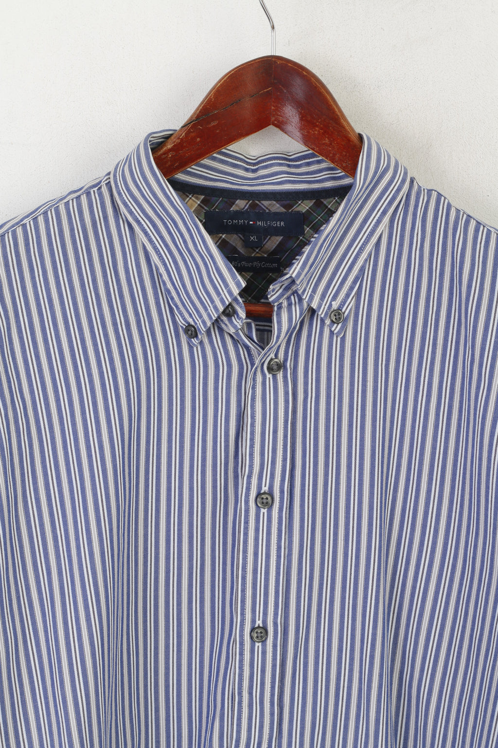 Tommy Hilfiger Men XL Casual Shirt Blue Cotton Striped Button Down Collar Top