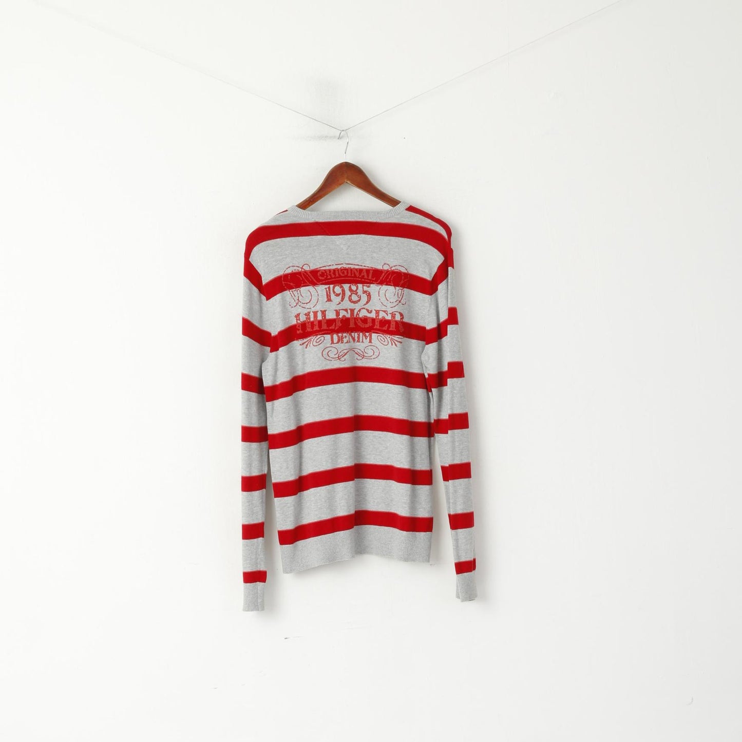 Hilfiger Denim Men L (M) Jumper Grey Red Cotton Striped Crew Neck Sweater