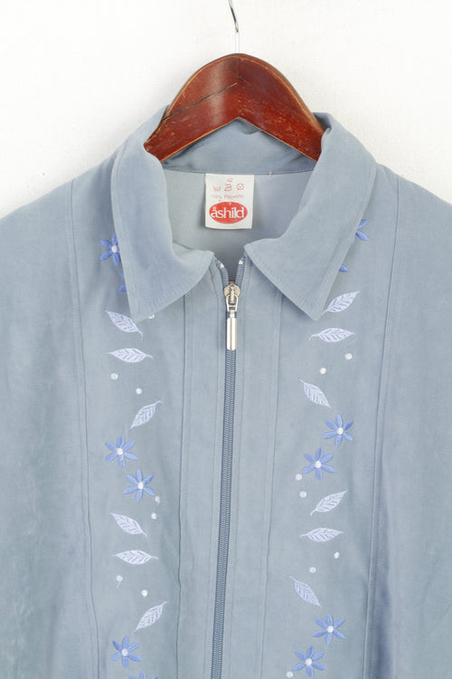 Ashild Femmes 42 L Chemise Bleu Vintage Fermeture Éclair Complète Manches 7/8 Rétro Soft Top
