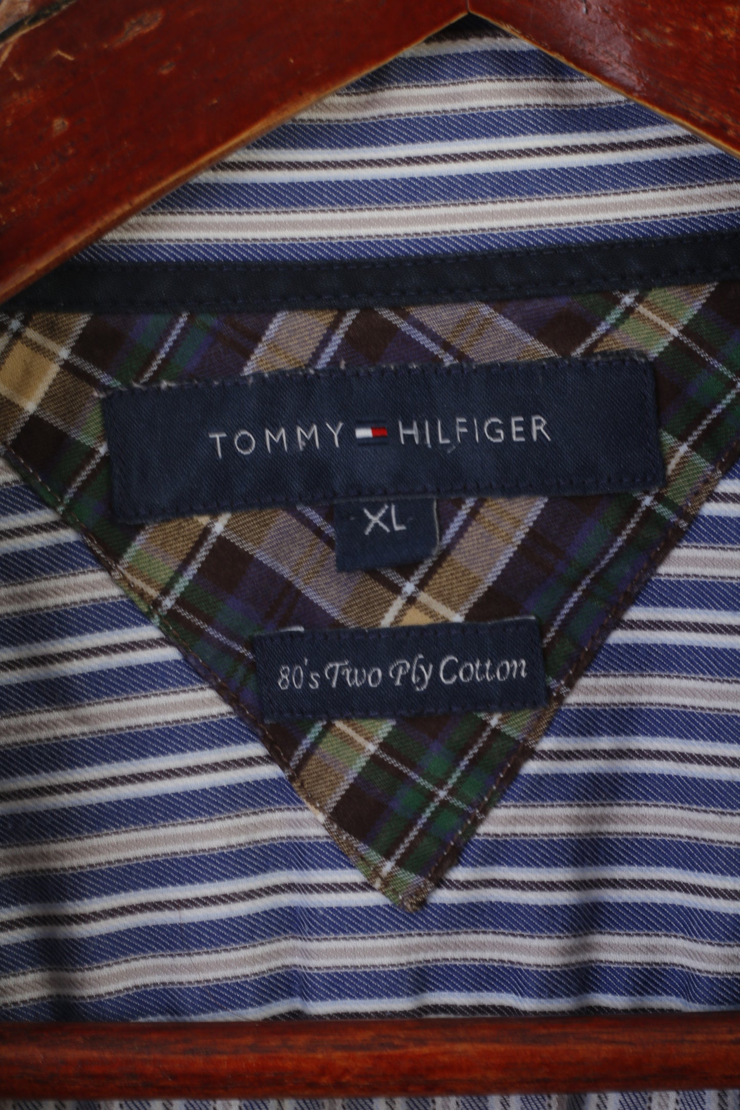 Tommy Hilfiger Hommes XL Chemise décontractée Bleu Coton Rayé Boutonné Col Haut