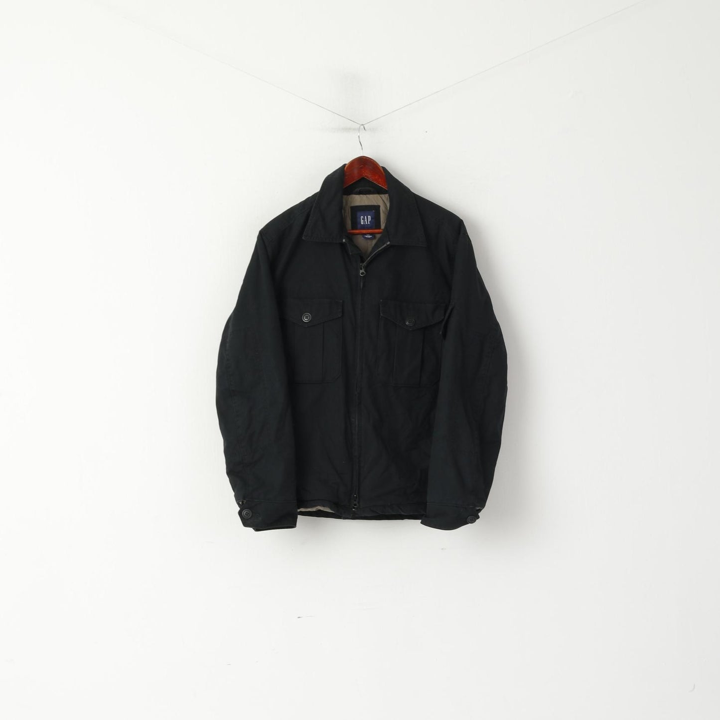 GAP Men M Jacket Black Padded Cotton Full Zipper Pocket Heritage Casual Top