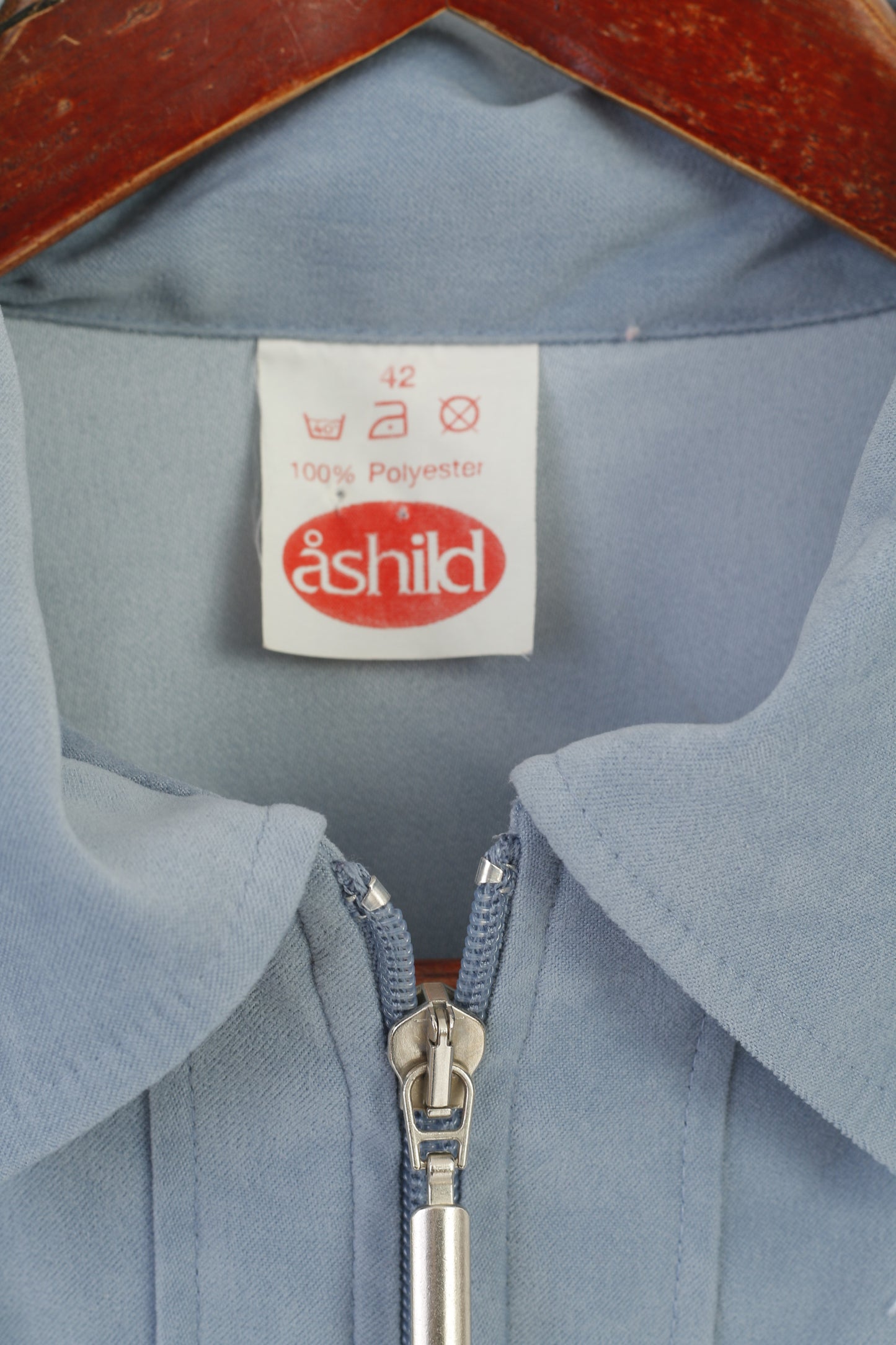 Ashild Women 42 L Shirt Blue Vintage Full Zipper 7/8 Sleeve Retro Soft Top