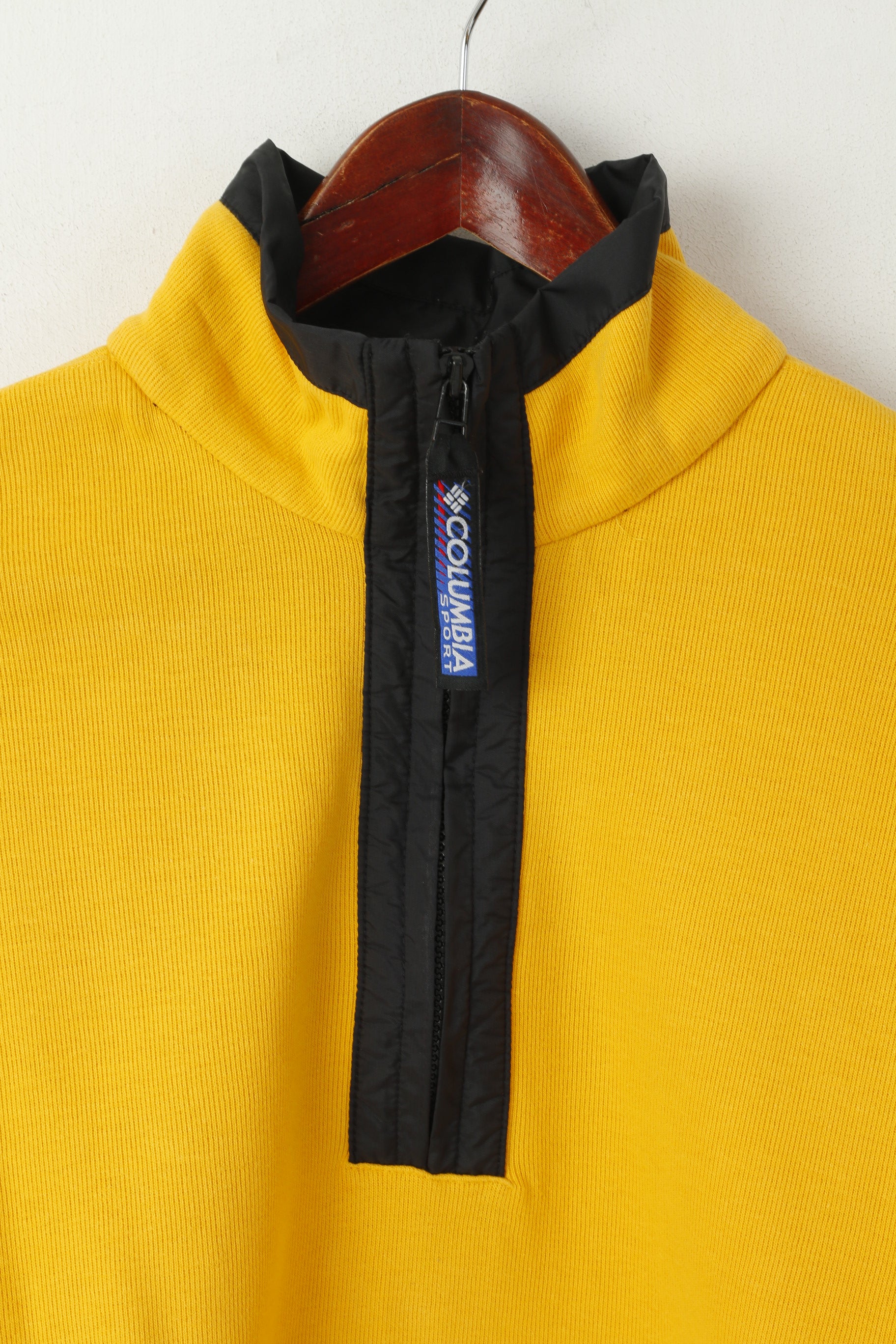 Columbia Sportswear Felpa da uomo L Felpa gialla in cotone con zip Collo Top sportivo vintage anni '90