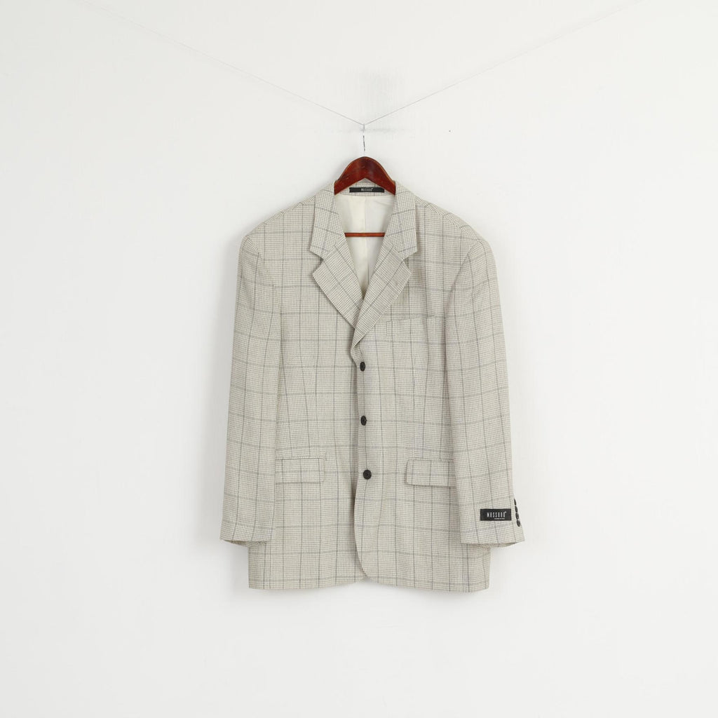 Massaro Men 54 Blazer Cream Checkered Wool Italy Shoulder Pads Single Breasted Jacket