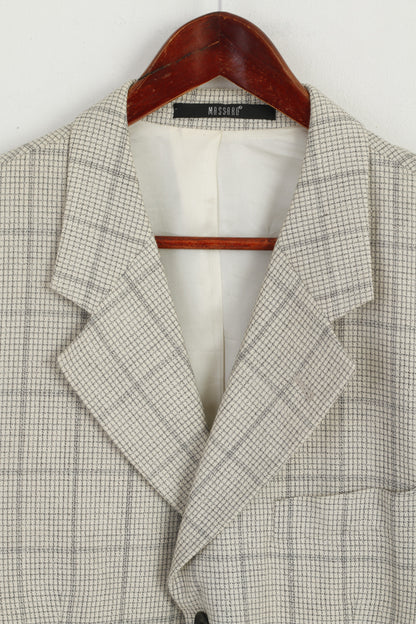 Massaro Men 54 Blazer Cream Checkered Wool Italy Shoulder Pads Single Breasted Jacket