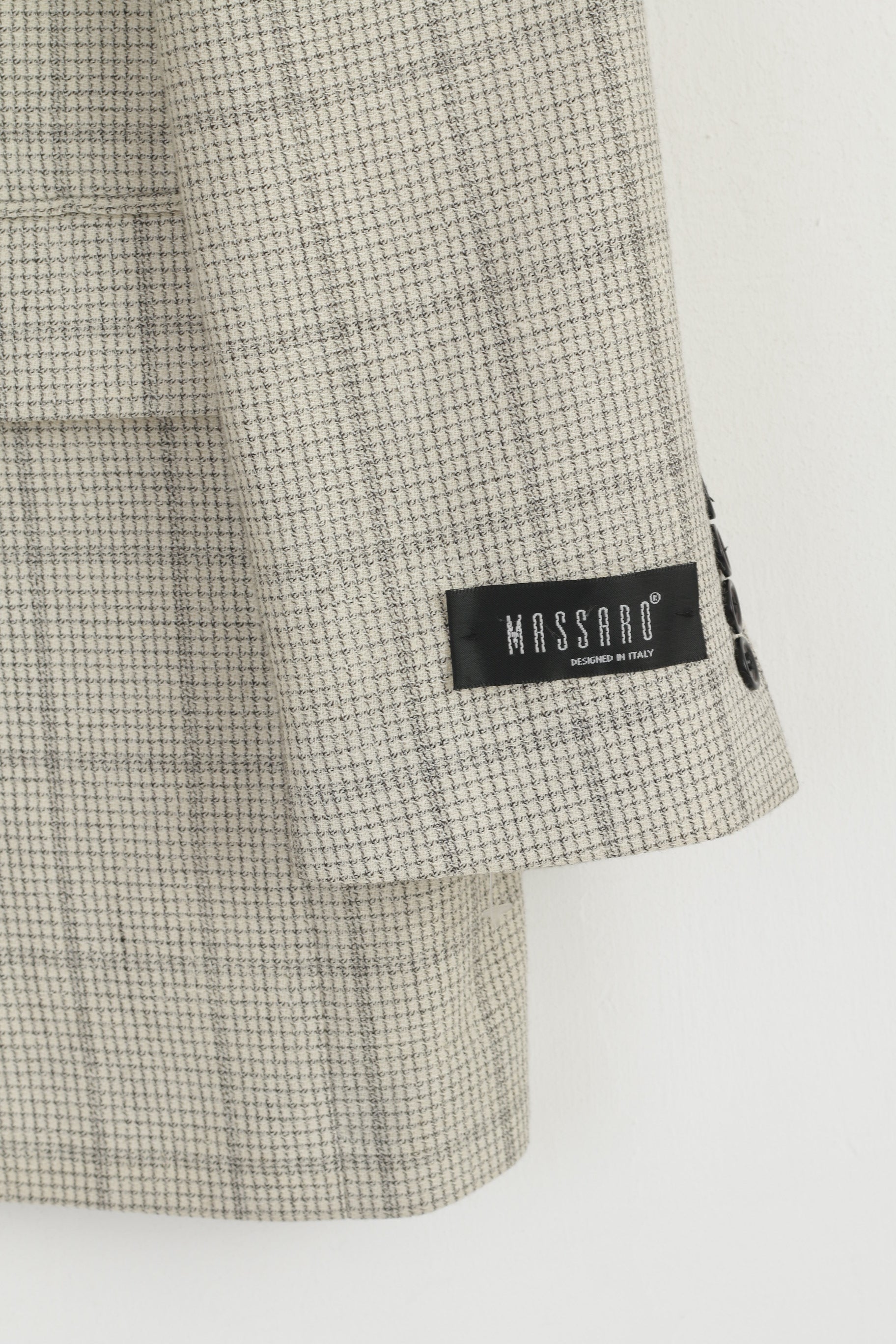Massaro Men 54 Blazer Cream Checkered Wool Italy Shoulder Pads Single Breasted Jacket