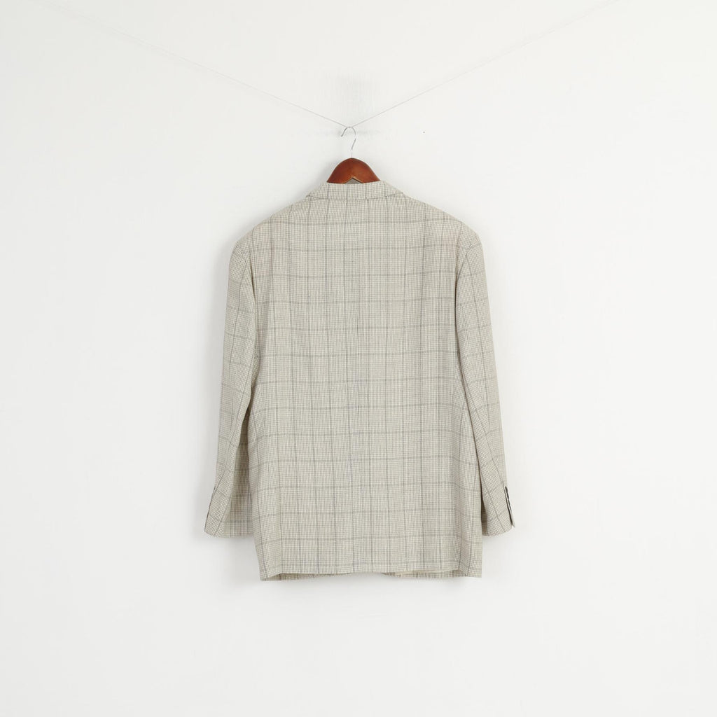 Massaro Men 54 Blazer Cream Checkered Wool Italy Shoulder Pads Single Breasted Jacket