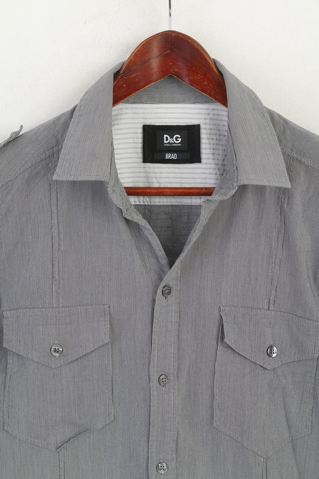 Dolce & Gabbana Men 16.5 42 M Casual Shirt Grey Striped Cotton Brad Long Sleeve Top