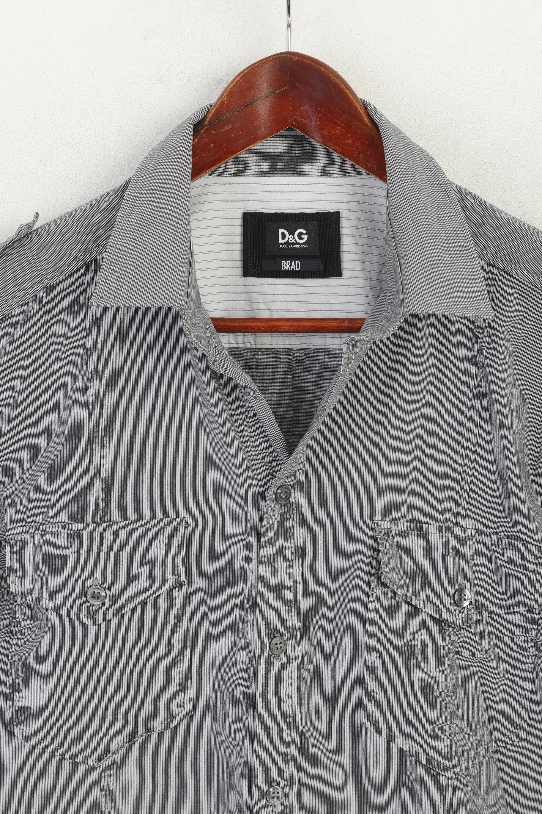 Dolce & Gabbana Men 16.5 42 M Casual Shirt Grey Striped Cotton Brad Long Sleeve Top