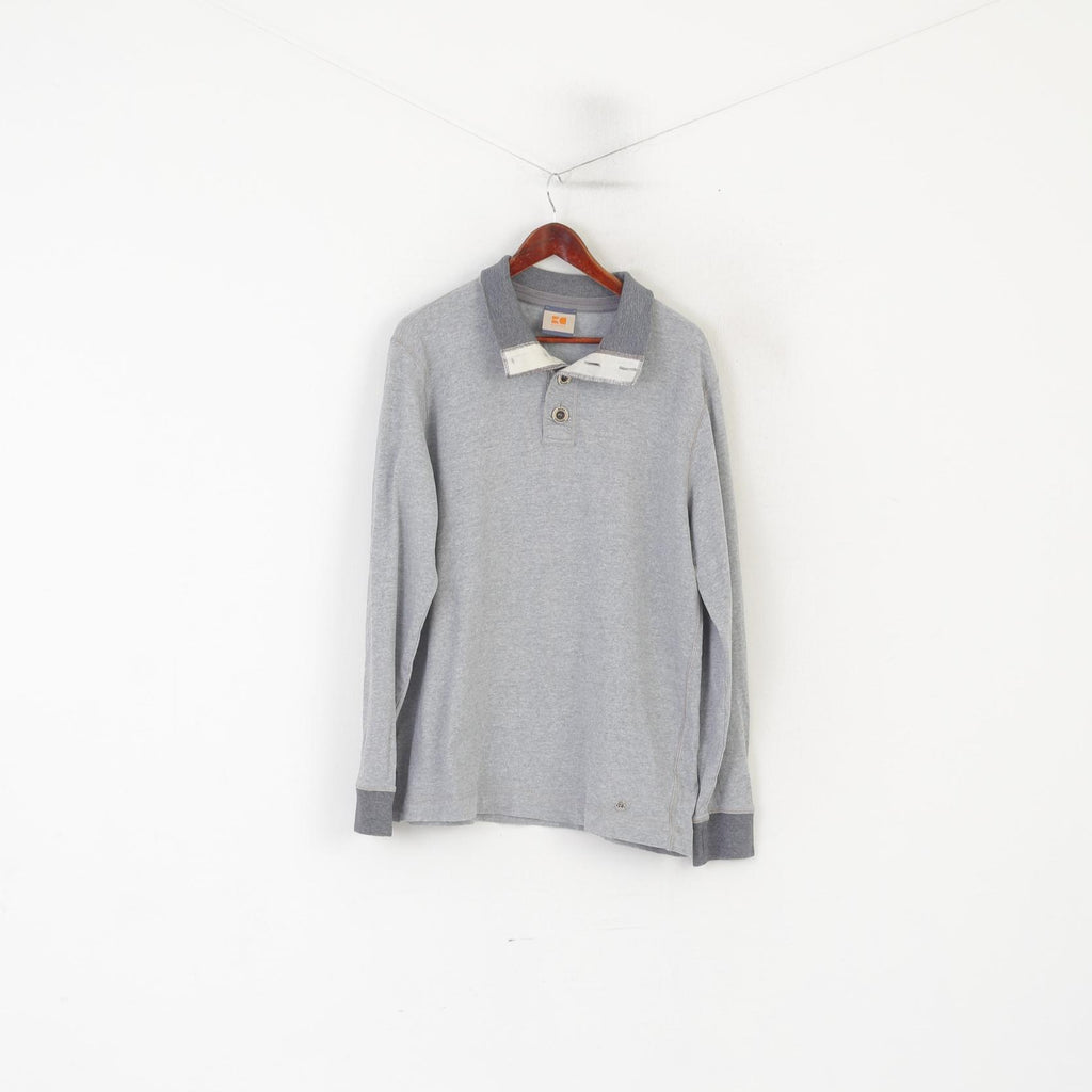 Hugo Boss Orange Hommes XL Polo Gris Coton Manches Longues Boutons Détaillés Haut