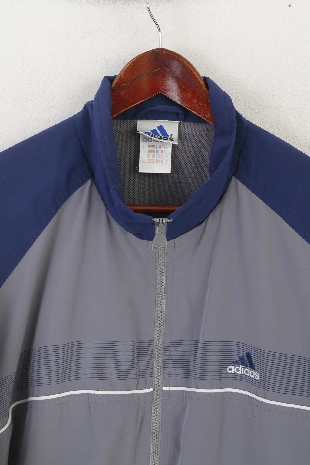 Adidas Men L Jacket Navy Grey vintage Full Zipper 90s Lightweight Sportswear Top