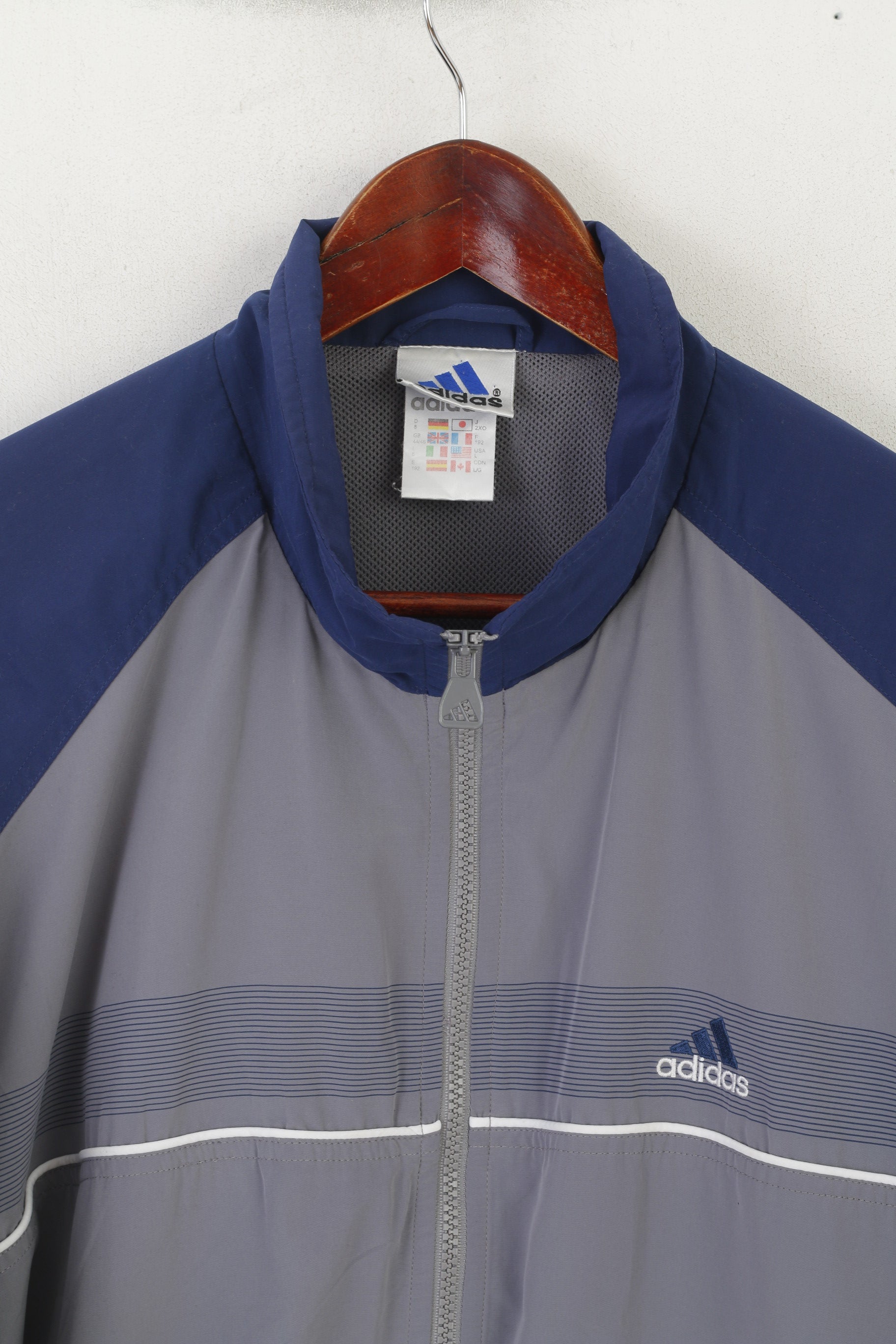 Adidas Men L Jacket Navy Grey vintage Full Zipper 90s Lightweight Sportswear Top