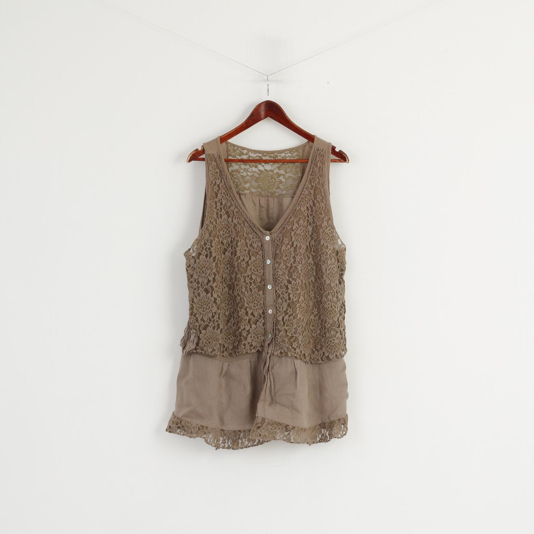 Made in Italy Chemise XXXL (XXL) pour femme Marron 100 % lin et dentelle sans manches