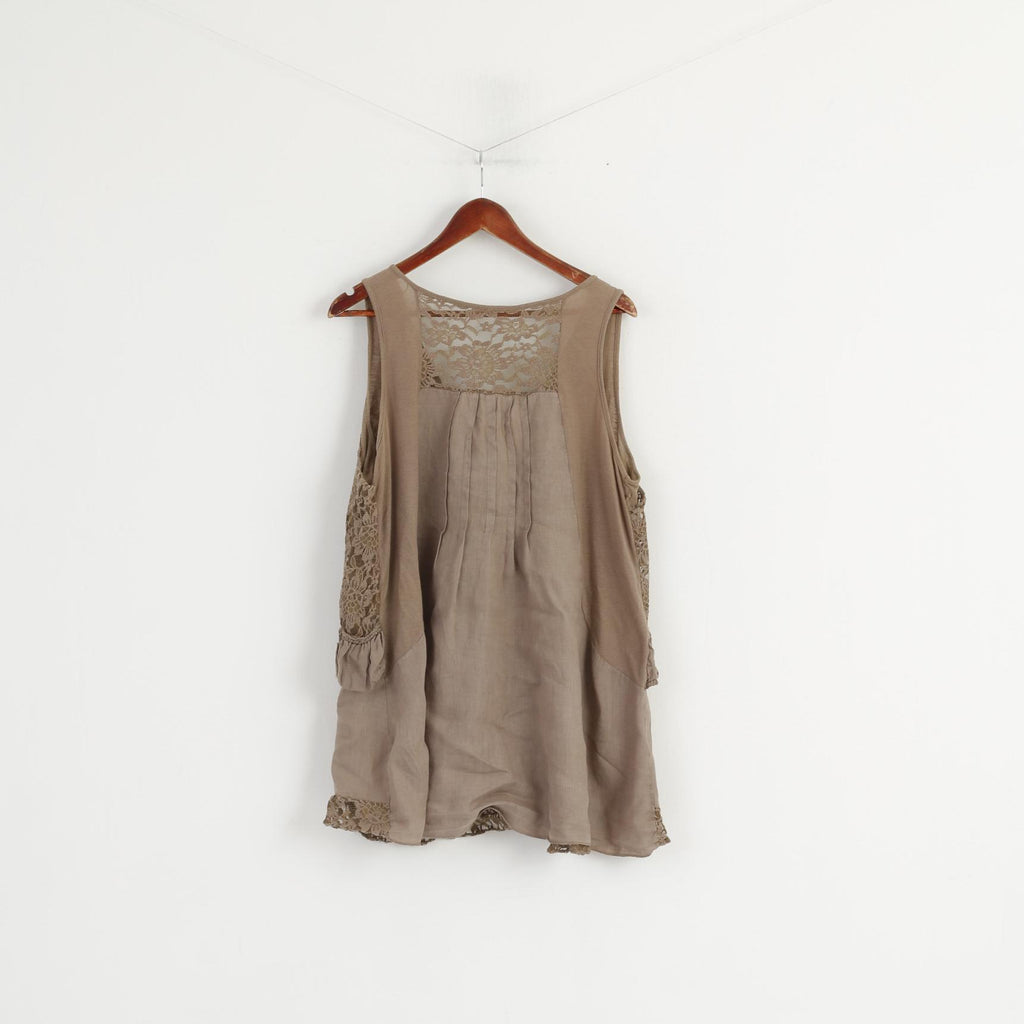 Made in Italy Chemise XXXL (XXL) pour femme Marron 100 % lin et dentelle sans manches