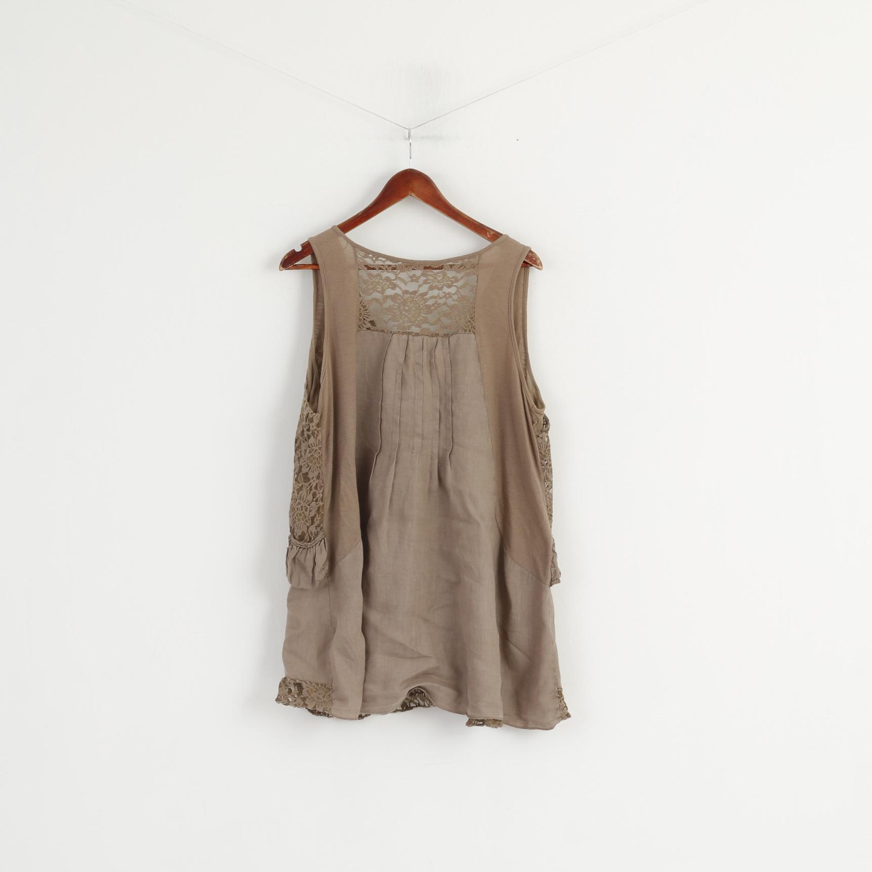Made in Italy Chemise XXXL (XXL) pour femme Marron 100 % lin et dentelle sans manches