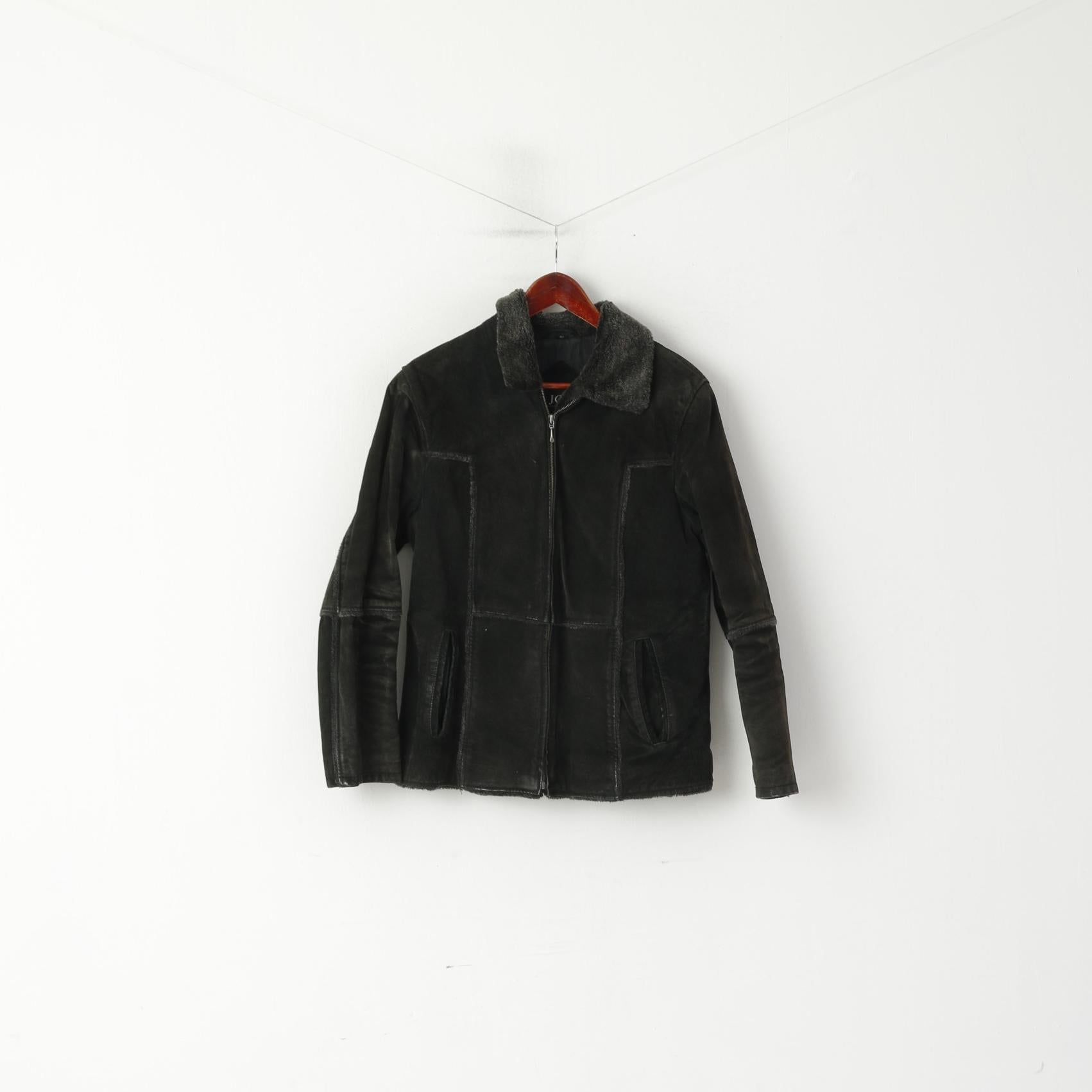 Joy Donna 42 M Giacca in pelle scamosciata color carbone con cerniera intera e collo in pelliccia