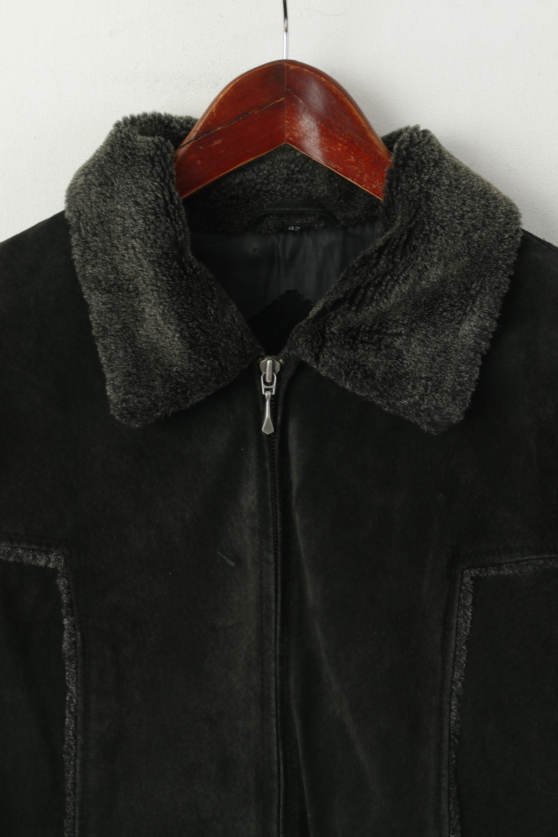 Joy Donna 42 M Giacca in pelle scamosciata color carbone con cerniera intera e collo in pelliccia