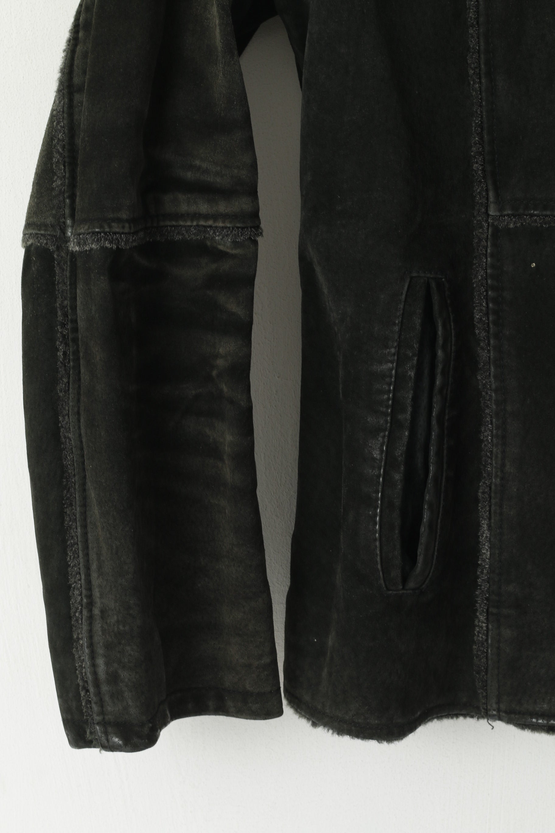 Joy Donna 42 M Giacca in pelle scamosciata color carbone con cerniera intera e collo in pelliccia