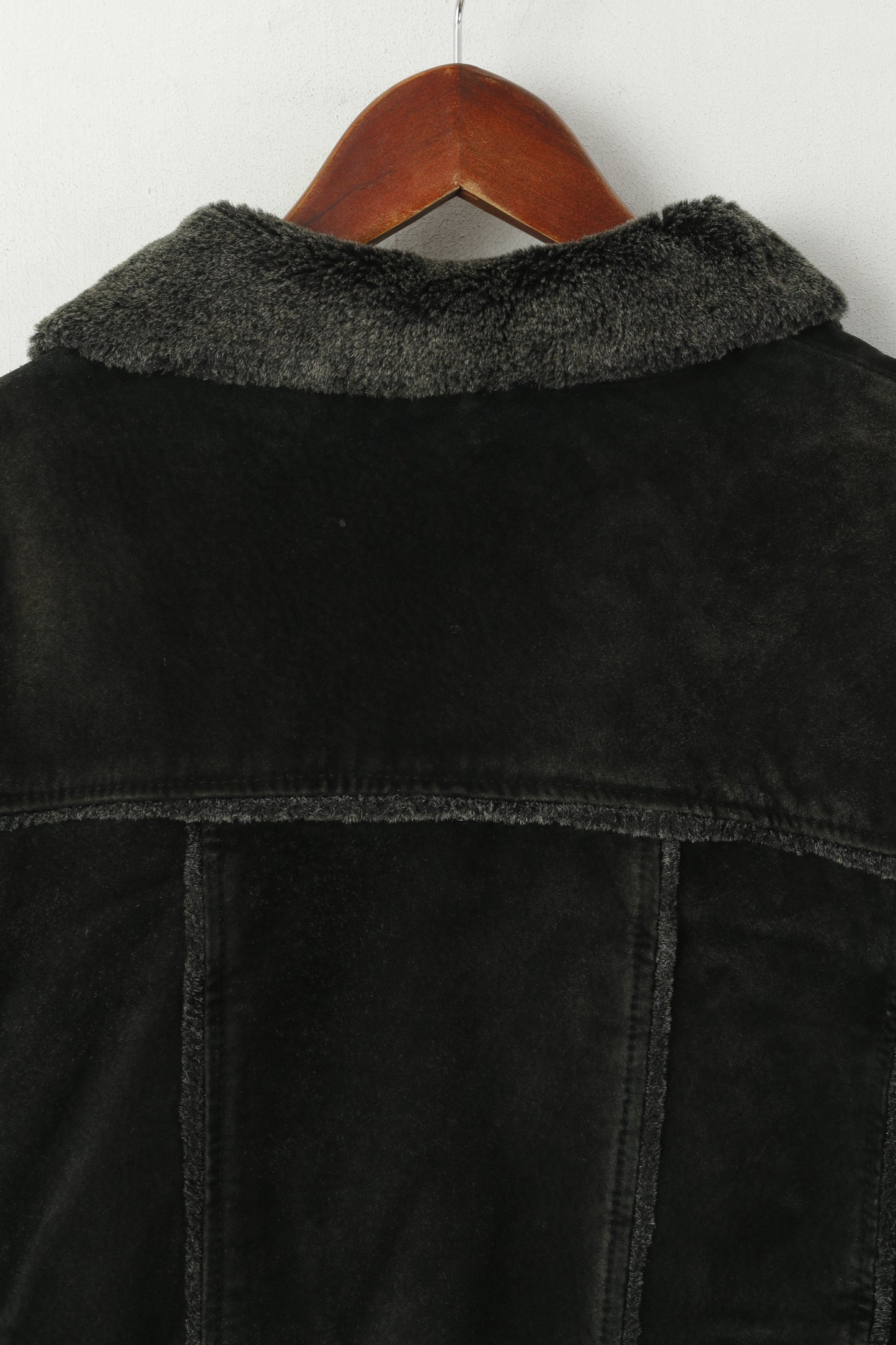 Joy Donna 42 M Giacca in pelle scamosciata color carbone con cerniera intera e collo in pelliccia