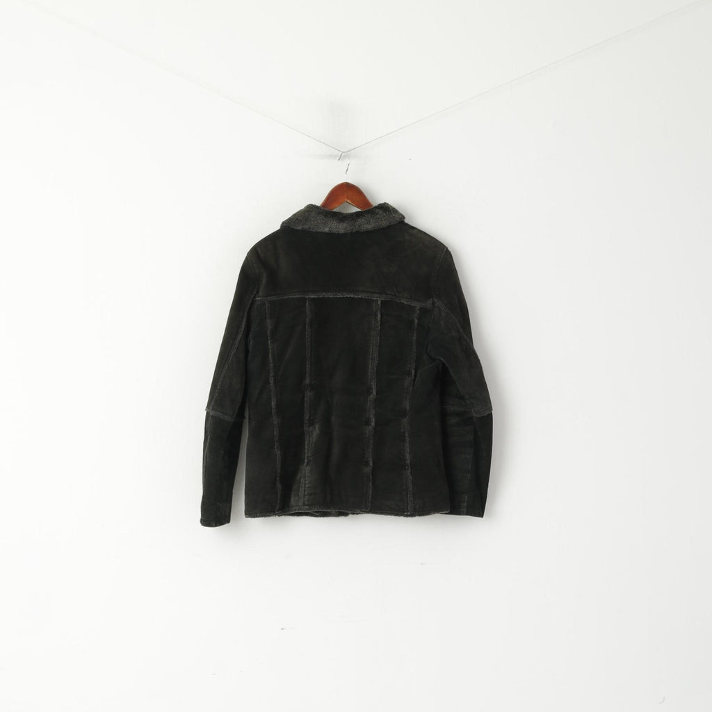 Joy Donna 42 M Giacca in pelle scamosciata color carbone con cerniera intera e collo in pelliccia