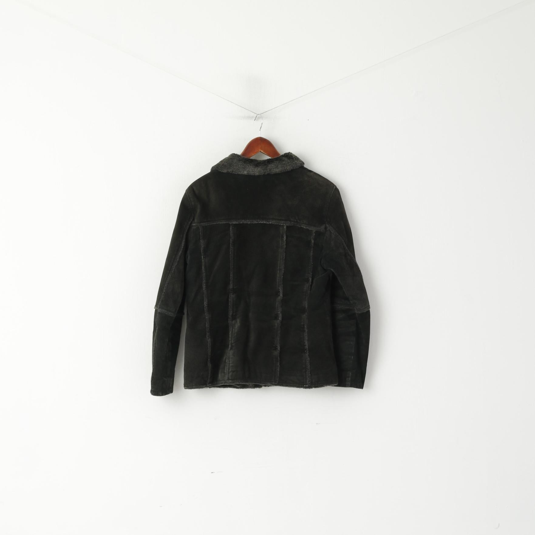 Joy Donna 42 M Giacca in pelle scamosciata color carbone con cerniera intera e collo in pelliccia